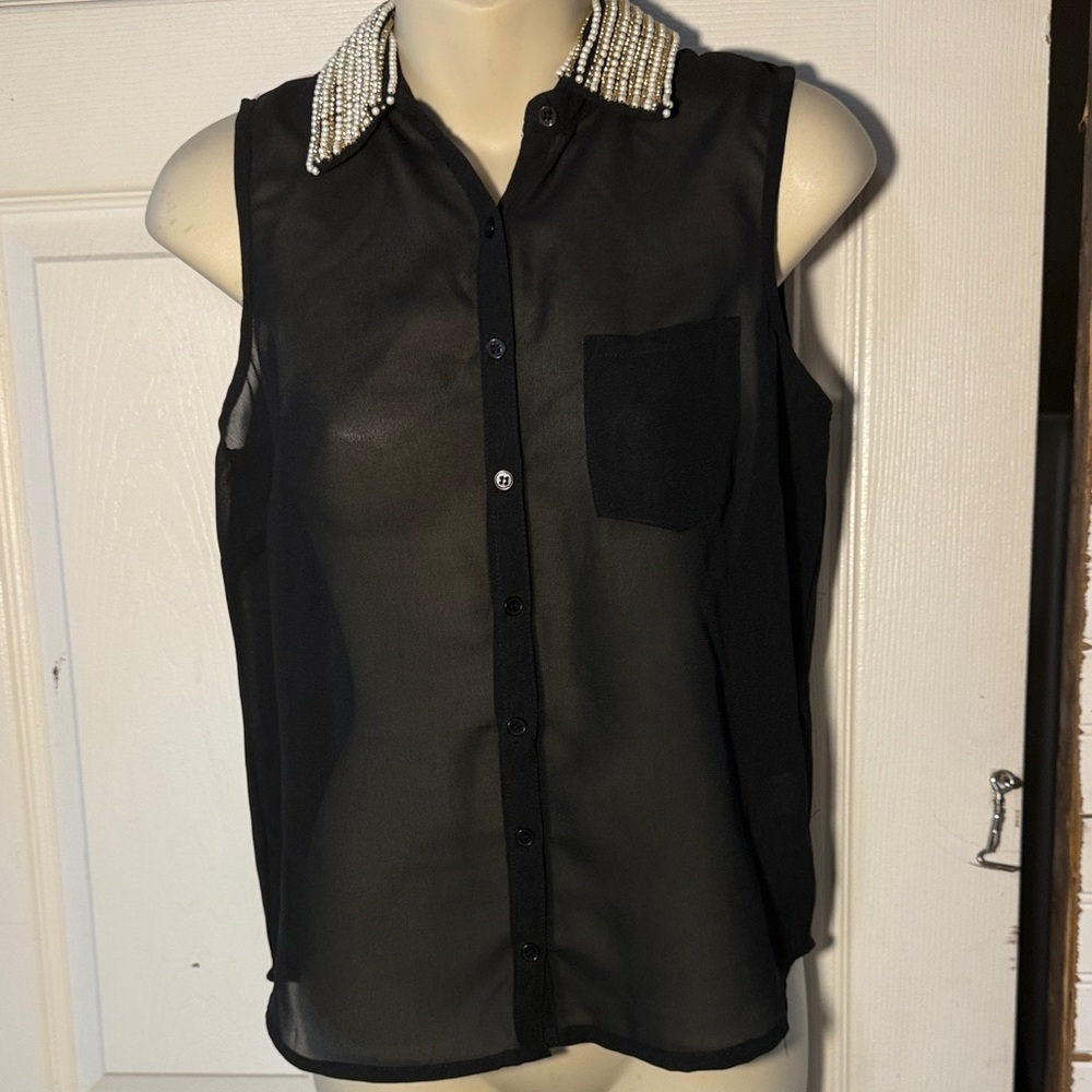 All Saints Black Sheer Button Down Shirt with Silver Collar